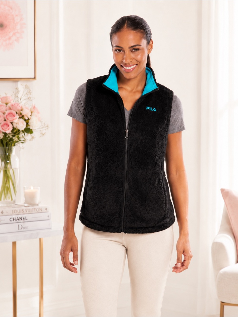 FILA SPORT Vest Reversible Fleece Sleeveless Black Aqua NWT XL